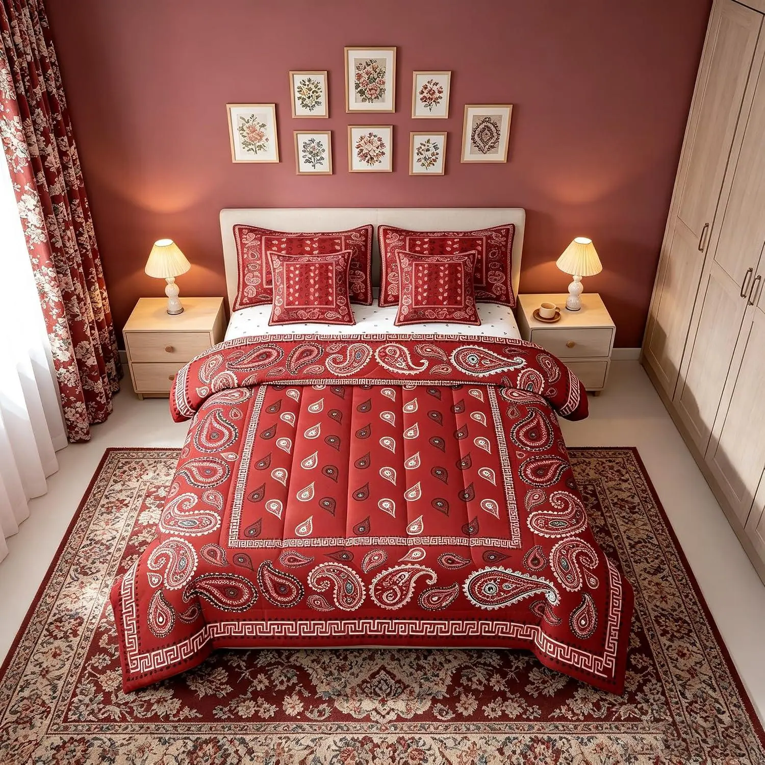 Burgundy Bandana 7 Piecepcs Comforter Set,Boho Paisley Bandanas Bedding Set for All Season,Bohemian Chic Floral Bed in A Bag with Comforter,Sheets and Pillowcases,Women Man Room Decor