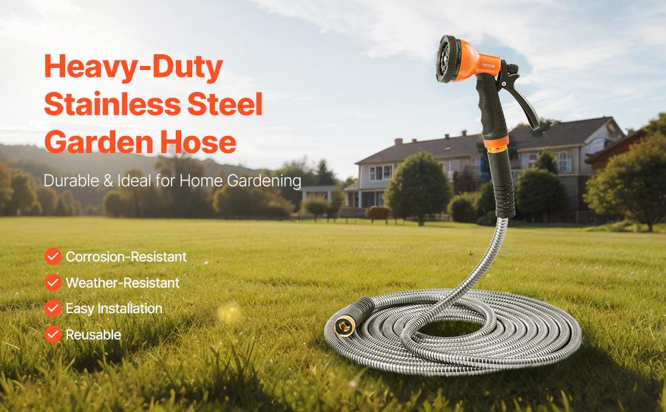 VEVOR Metal Garden Hose ,  Max. 200 ft Rust Proof Stainless Steel Water Hose, Heavy Duty Backyard Hose with 10 Function Nozzle, No-Kink & Flexible Water Pipe, Lightweight Metal Hose for Yard, Outdoor VEVOR Super Brand Day