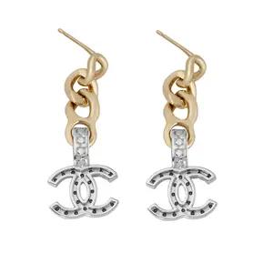 Pre-owned Chanel 2022 Two Tone Chain Link & Crystal CC Drop Earrings JLP016933