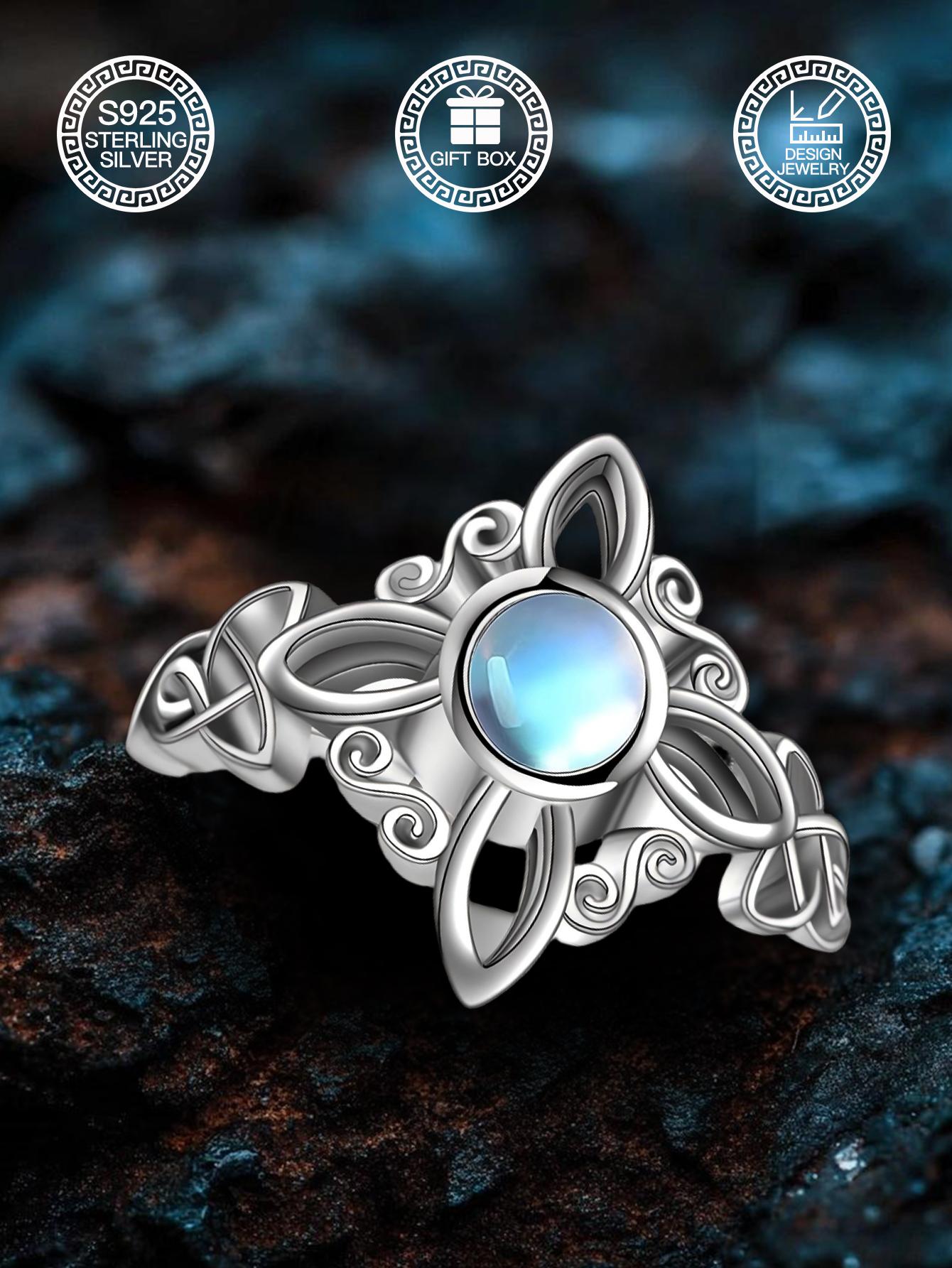 S925 Sterling Silver Celtic Knot Moonstone Ring – Elegant Vintage Floral Design for Women Jewelry Gift Box, Everyday Wear Engagement Rings