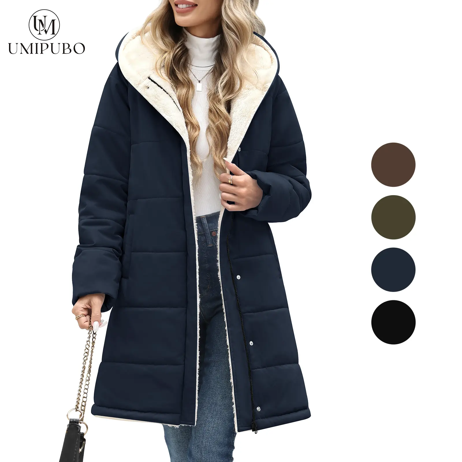 UMIPUBO Women's Long-Sleeve Casual Fit Faux Sherpa Lined Hooded Puffer Parka, Warm Quilted Full-Zip Everyday Winter Outer Coat with Pockets, Stylish Design, Jackets