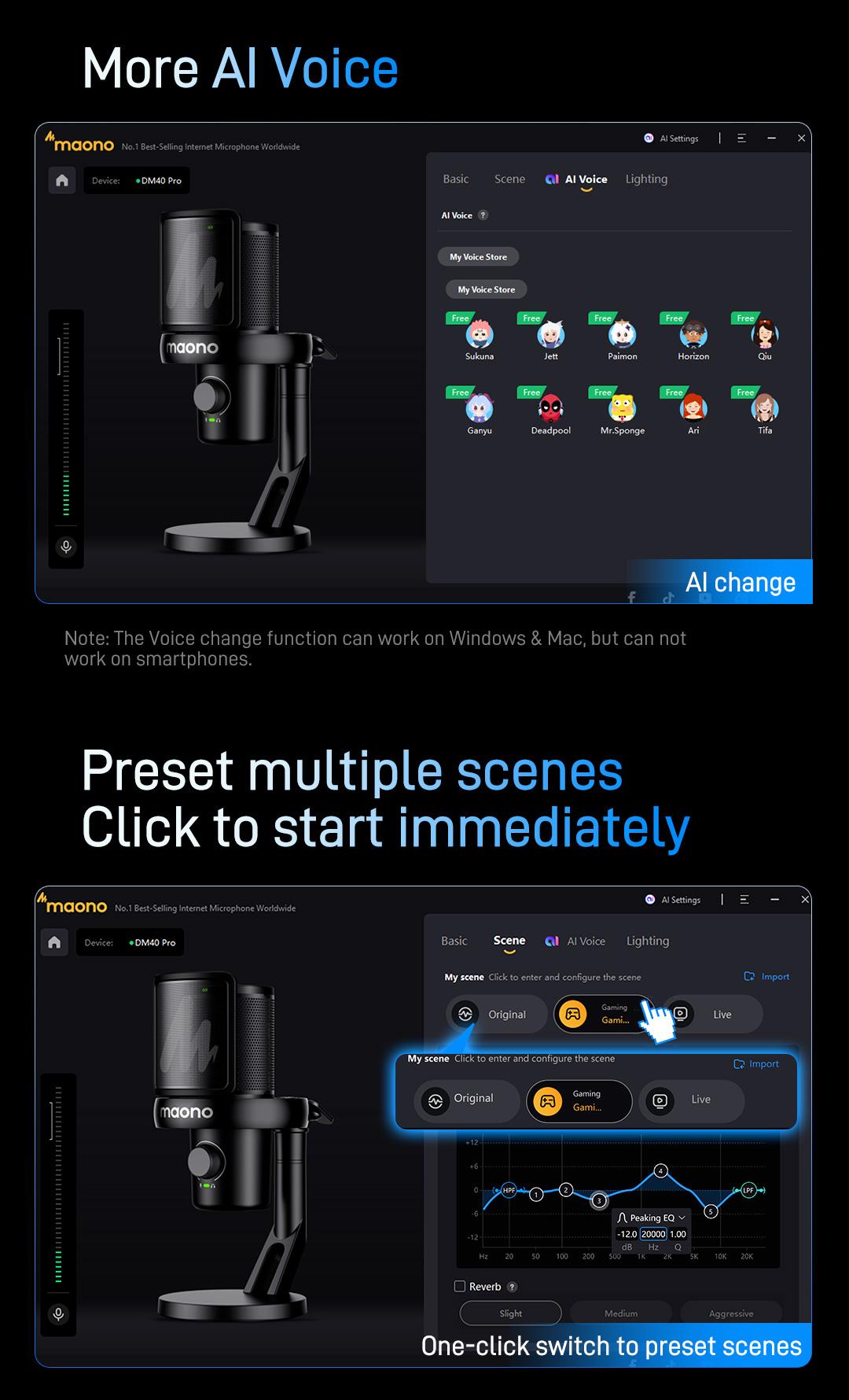 Maono DM40 Voice Changer USB / Wireless Desktop Audio RGB Gaming Microphone with Noise Reduction and EQ Setting,Compatible with Computer, PC, PS4, PS5, Smartphone, Mac, Ideal for Singing,Game Streaming,Recording and Podcasting.