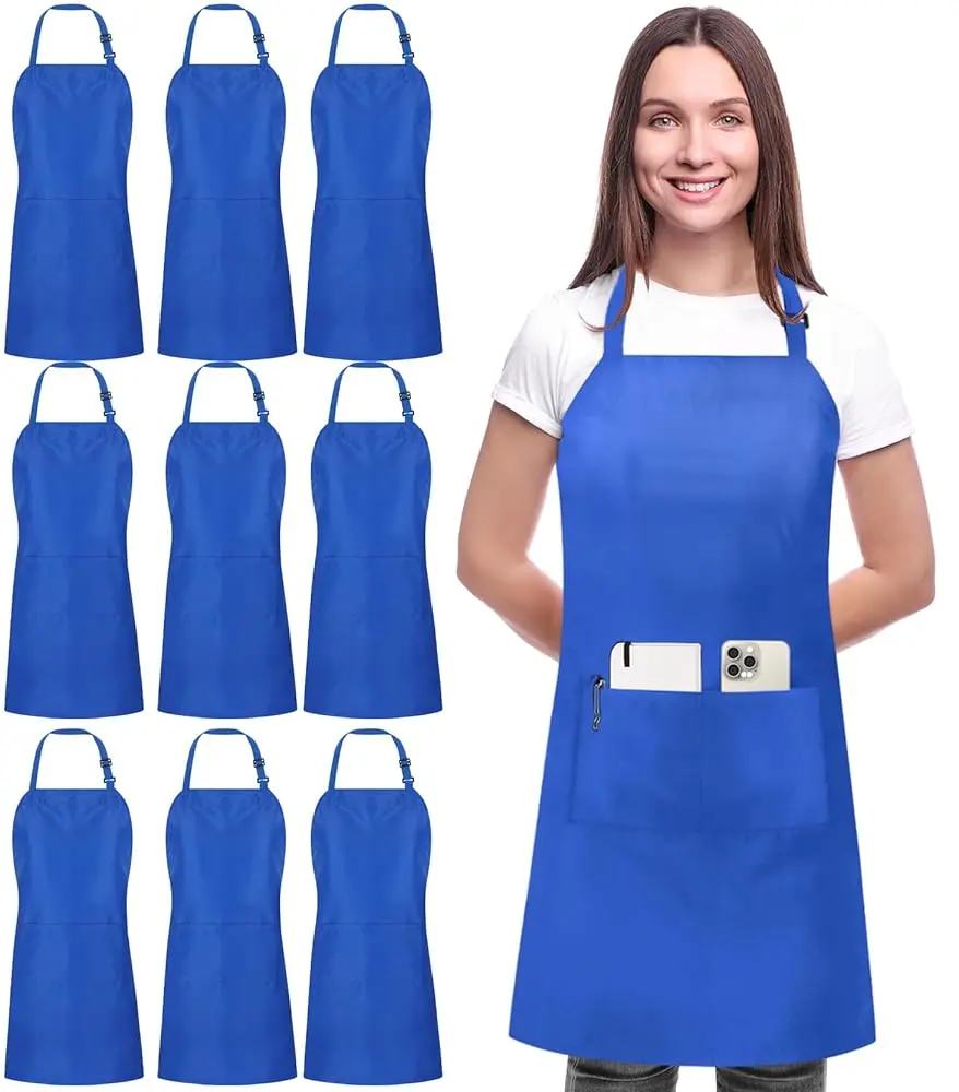 Utopia Kitchen Unisex Adjustable Strap Bib Aprons, 10-Pack with 2 Pockets, Waterdrop-Resistant Anti-Stain Front Protection Aprons for Cooking, Baking, Adjustable Strap Aprons