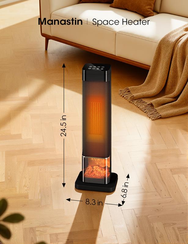 TEHANLD Space Heaters for Indoor, 25”Large PTC Ceramic Heater with Flame, 1500W Electric with Thermostat, 70°Oscillating Portable Tower Heater with Remote for Room, Bedroom, Home, Office, Black