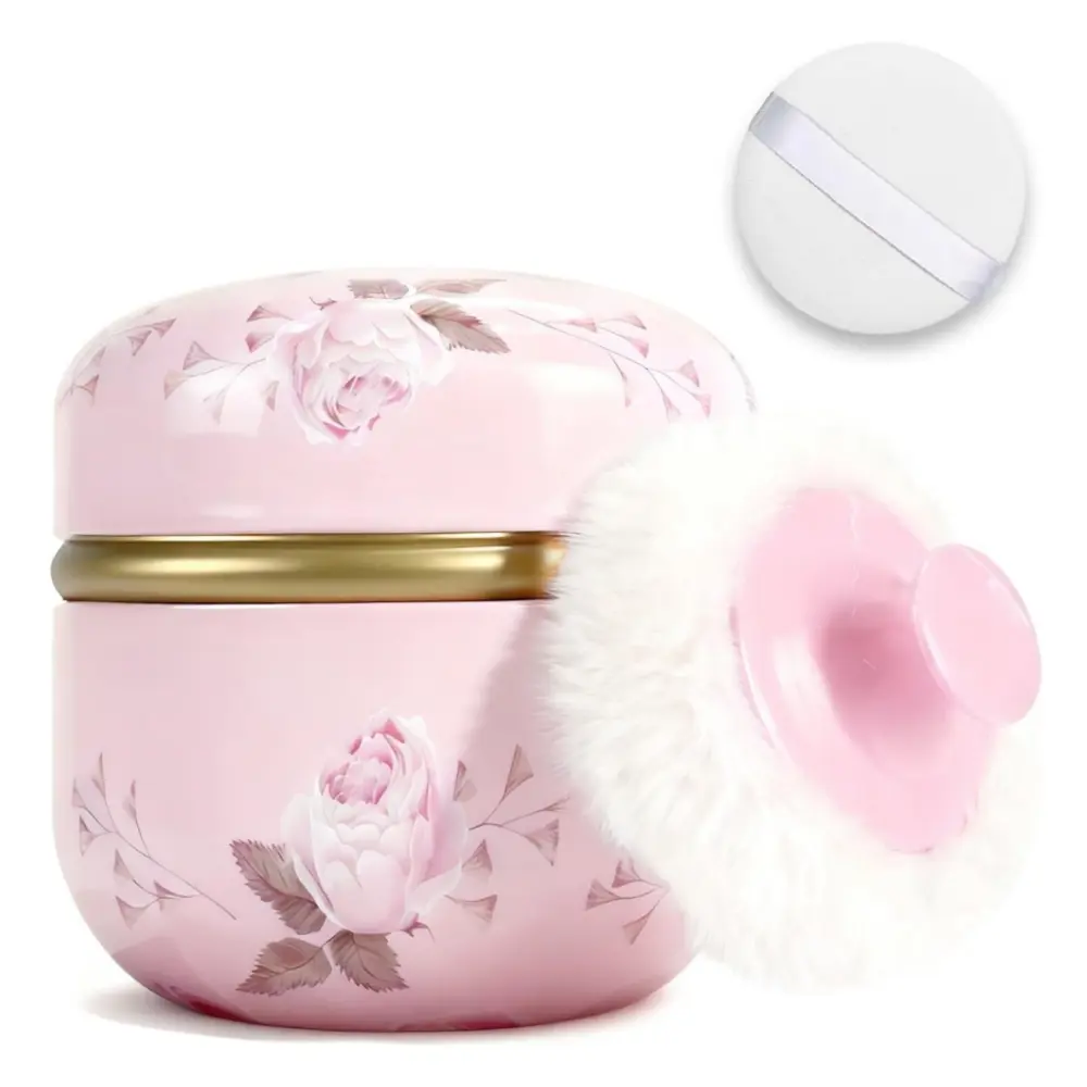 1PCS Body Powder Puff and Container,Portable Empty Body Powder Container for Women's Loose Dusting Powder, Powder Case Box with Lids for Bath, Travel and Home Use