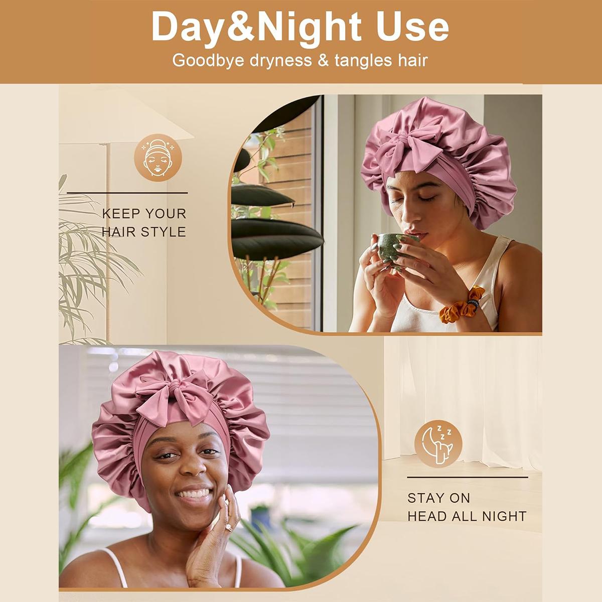 Large Double Layer Solid Satin Bonnets Silk Like Texture for Sleeping Cap with Elastic Band Reversible for Curly Hair Bonnets Gifts for Women