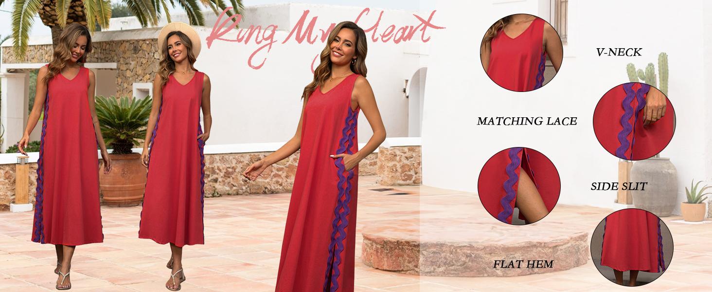 Ebossy Women's Summer Beach Boho Flowy Maxi Dress Casual Sleeveless V Neck Side Slit RIC Rac Tank Dress
