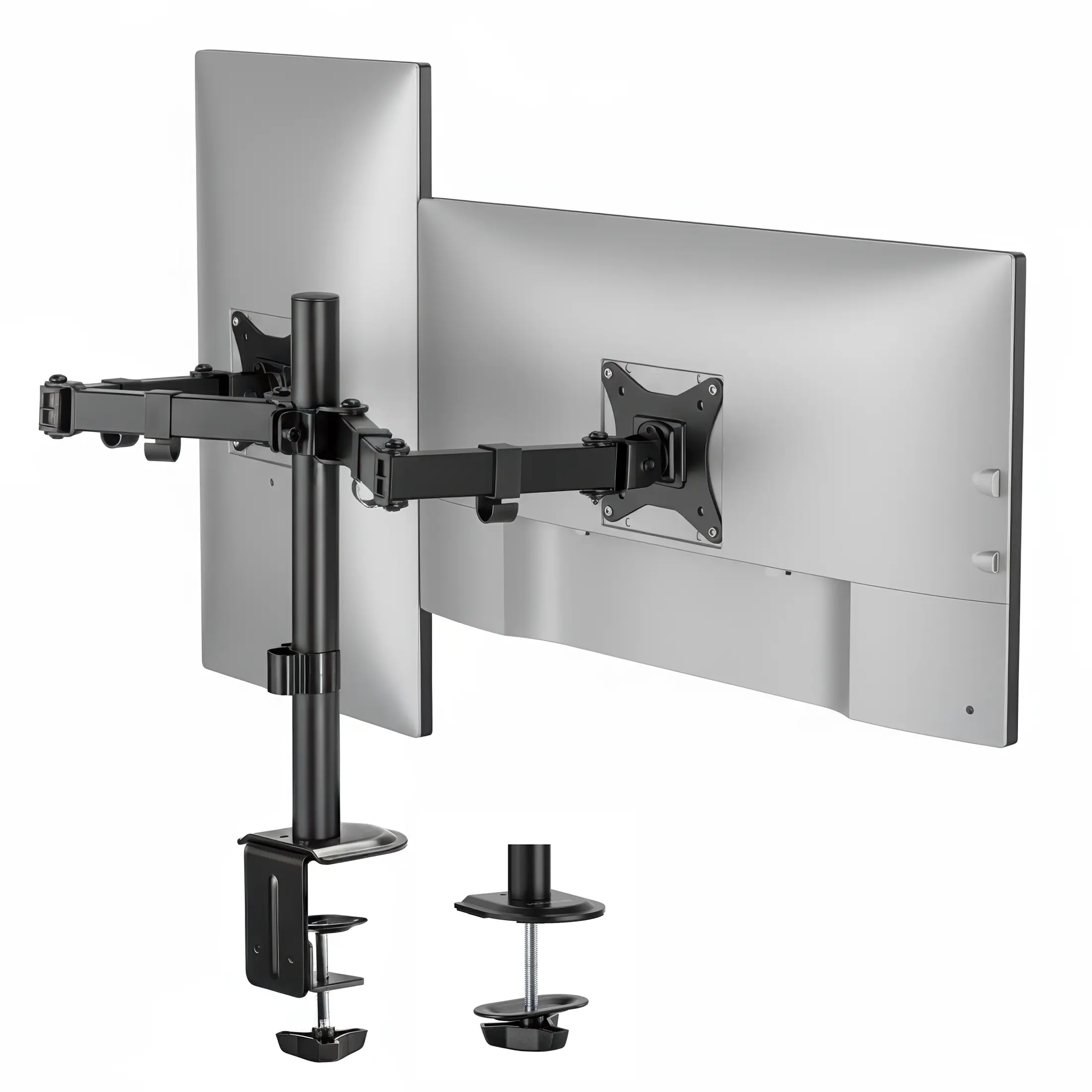 Mount-It! Metal Dual Monitor Arm - Ergonomic Office Computer Desk Accessory, 17"-32" Screens, 19.8 lbs per Arm, Full Motion Adjustable, Tilt-Swivel, Landscape-Portrait Modes, Clamp/Grommet Base, Cable Management Clips