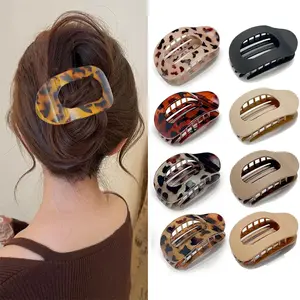 Fashion Oval Flat Hair Clips for Women New Design Leopard Large Flat round Claw Clip French Acrylic Lying down Hair Accessories NONE