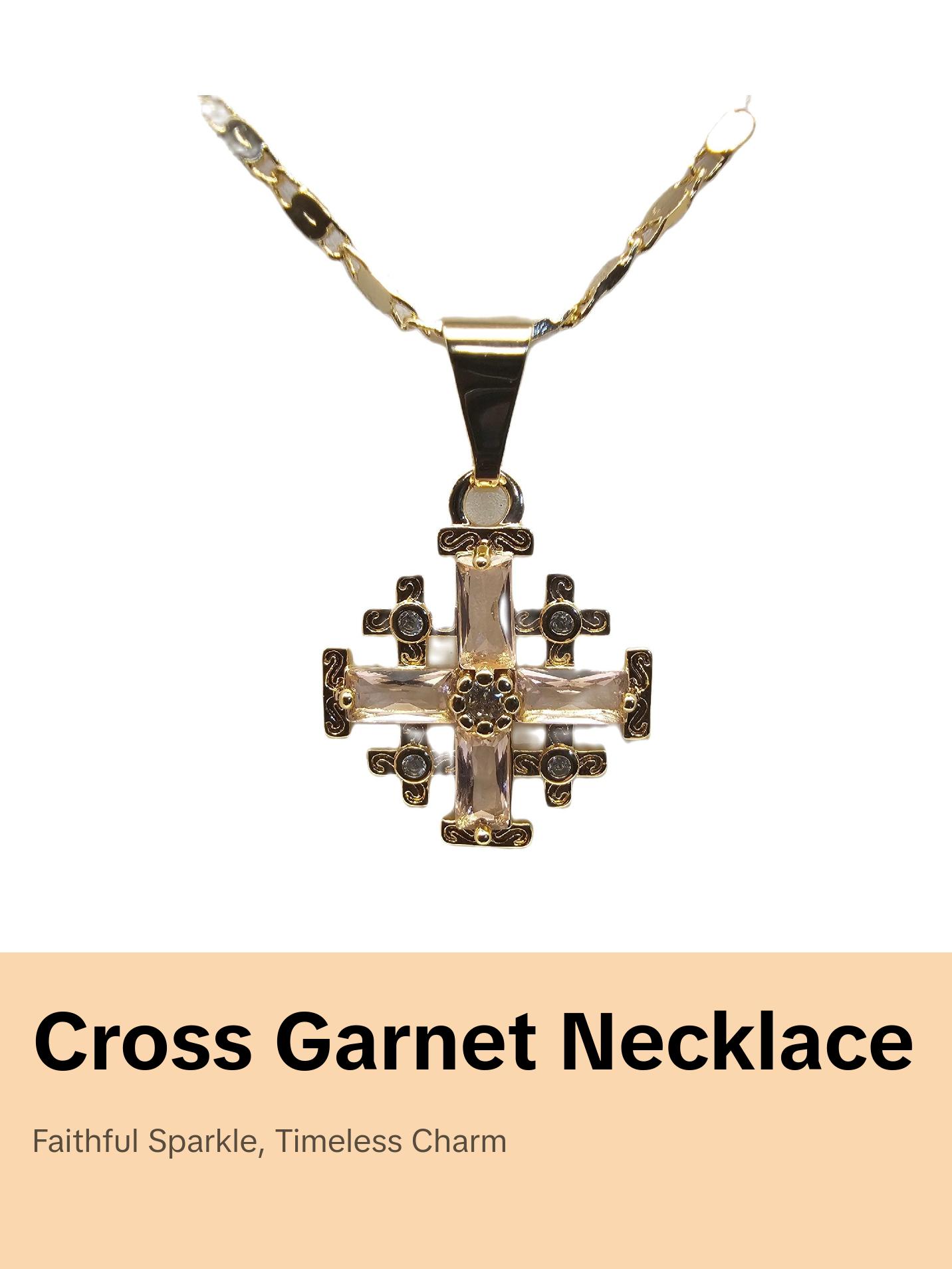 Gold Plated Jerusalem Cross Pendant light Pink Garnet Crystallized 20"Necklace