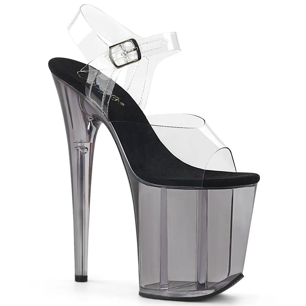 Pleaser Flamingo-808T Women's 8-in High Chunky Heel Platform Sandals Footwear, Clear/Gray Translucent Ankle Strap Shoes
