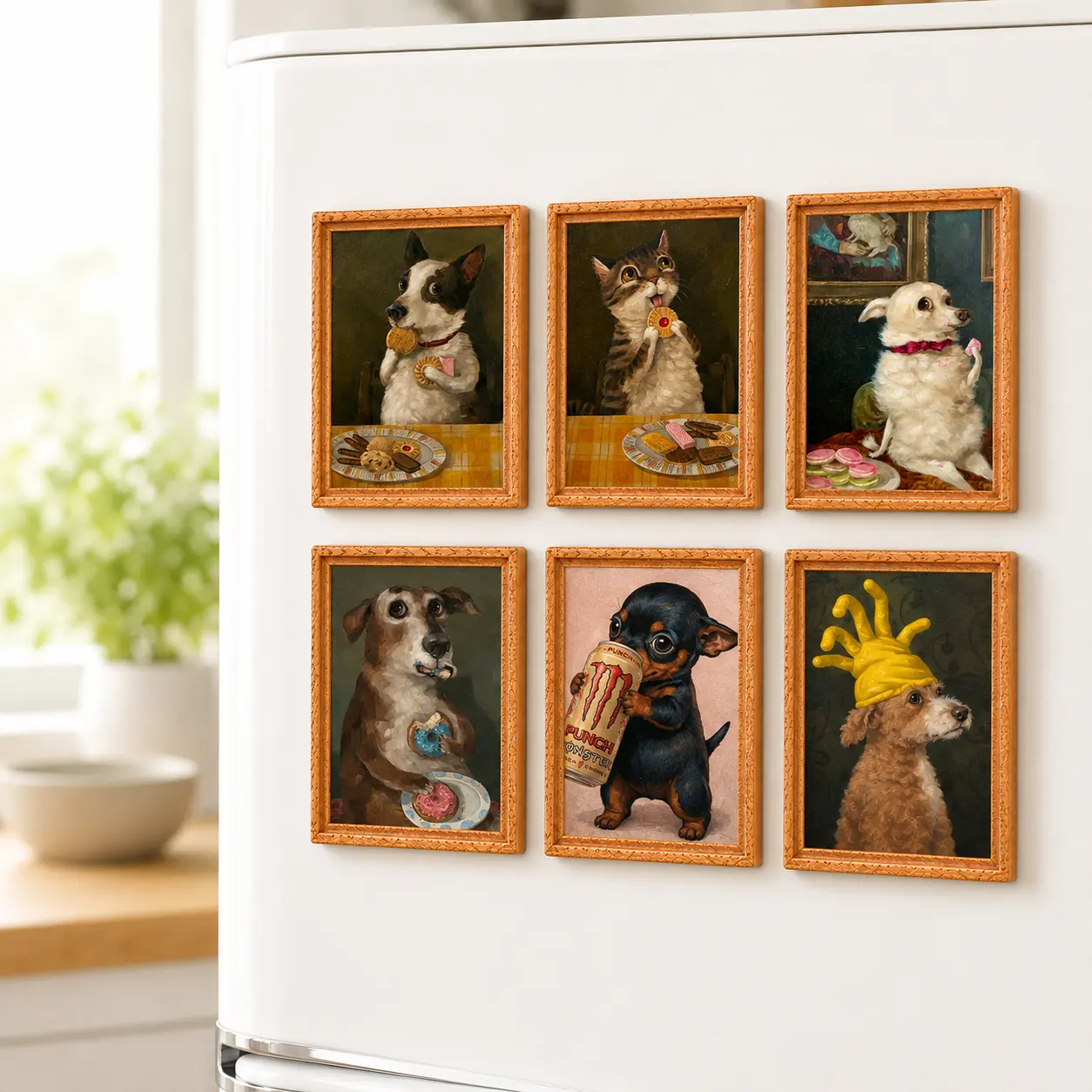 Funny Pets Eating Snacks Wooden Picture Frame Magnet - 3 Inch 2-Layer Retro Animal Art Refrigerator Magnet