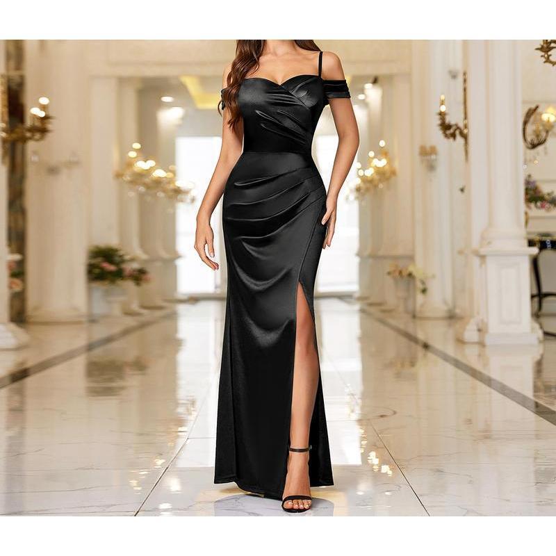 Off Shoulder Satin Slit Maxi Dress Women Formal Evening Party Guest Navy Blue Wrap Ruching Spaghetti Strap Wedding Graduation Bridesmaid Workwear Minimalist Elegant X1445