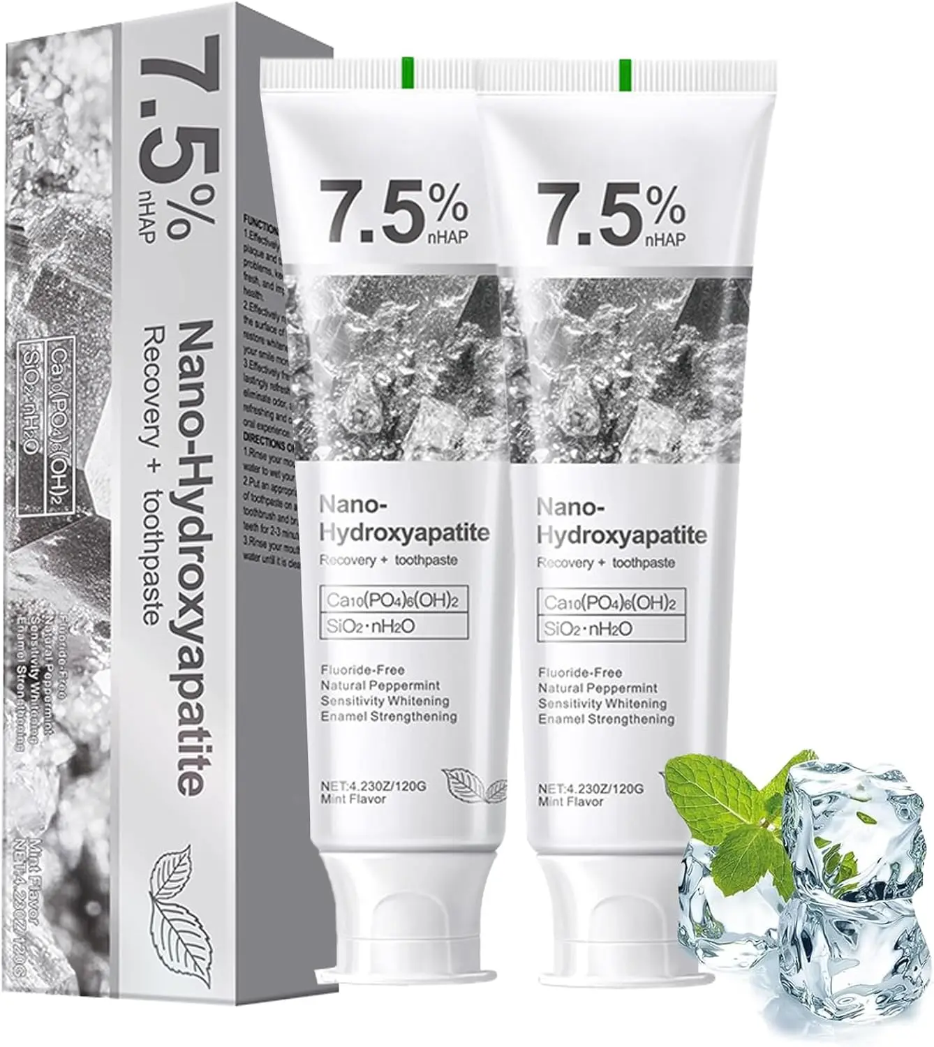 2PCS Nano Hydroxyapatite Toothpaste 7.5% nHAP, 4.23 oz – Enamel-Strengthening • Fluoride-Free • Natural Peppermint • Ideal for Sensitive Teeth