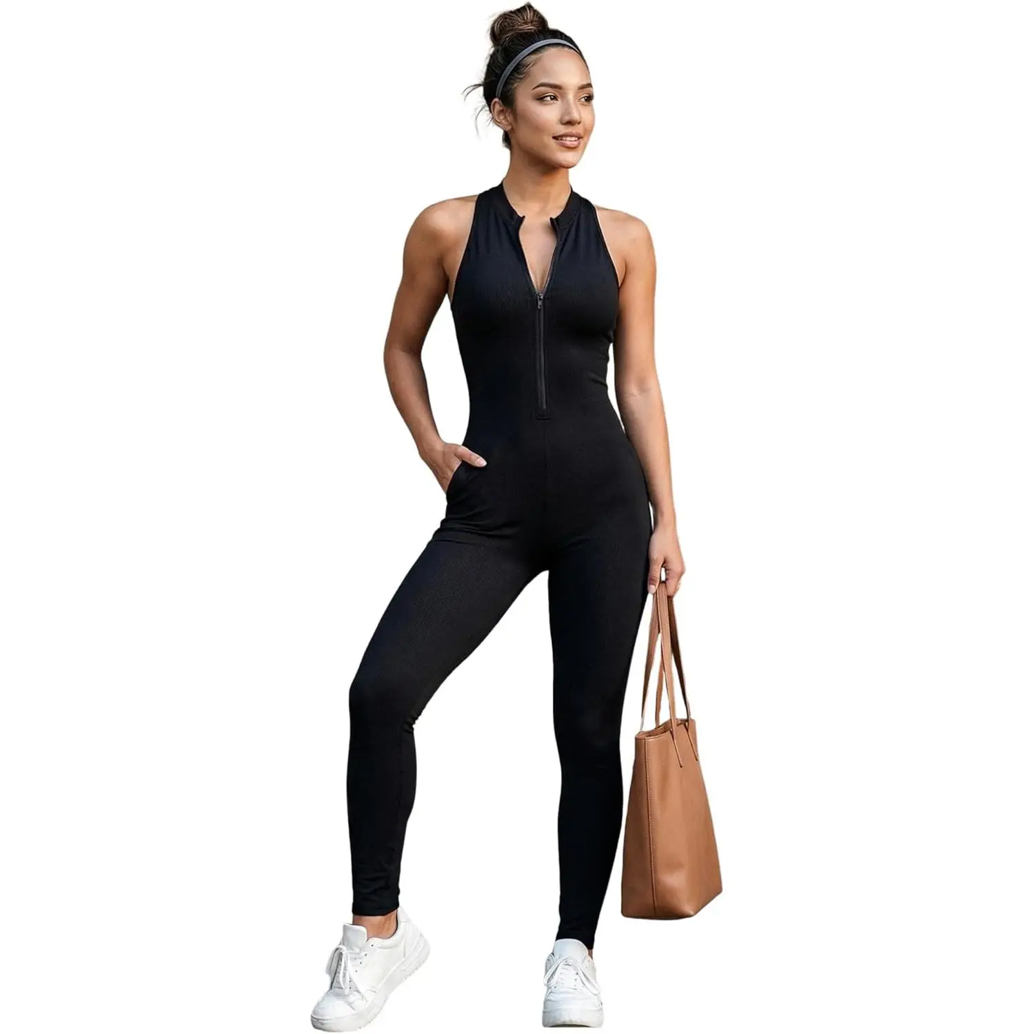 Women's Sleeveless Bodycon Jumpsuit, Lightweight Halter Neck Athletic Catsuit with Tummy Control Shapewear, Front Zipper for Workouts, Athletic Jumpsuit, Lightweight Jumpsuit