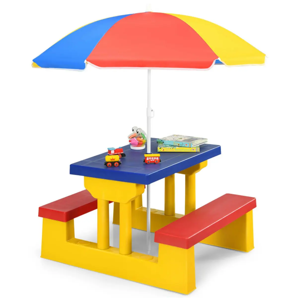 Kids Modern 3-4 Person Outdoor Plastic Multi-Seater Furniture Set - Yellow Family-Friendly Patio Picnic Table, Stable Lightweight PP Build, Foldable 170T Nylon UV-Protection Sun Umbrella, Tool-Free Setup for Children’s Outdoor Play & Eating