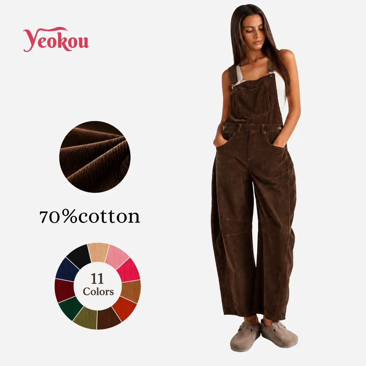 Yeokou Women’s Corduroy Bib Overalls Adjustable Strap Barrel Wide Leg Jumpsuit With Pockets Casual Daily Fashion Staple