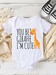 Tomattis Baby Casual Cute Minimalist Cartoon Giraffe & Slogan Print Sleeve Baby Onesie, Funny Newborn Baby Bodysuit Clothes