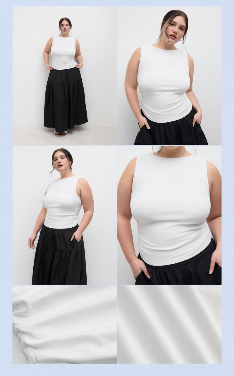 Cider [10 colors, size 0-24] Boat Neck Ruched Solid Tank Top Curve & Plus