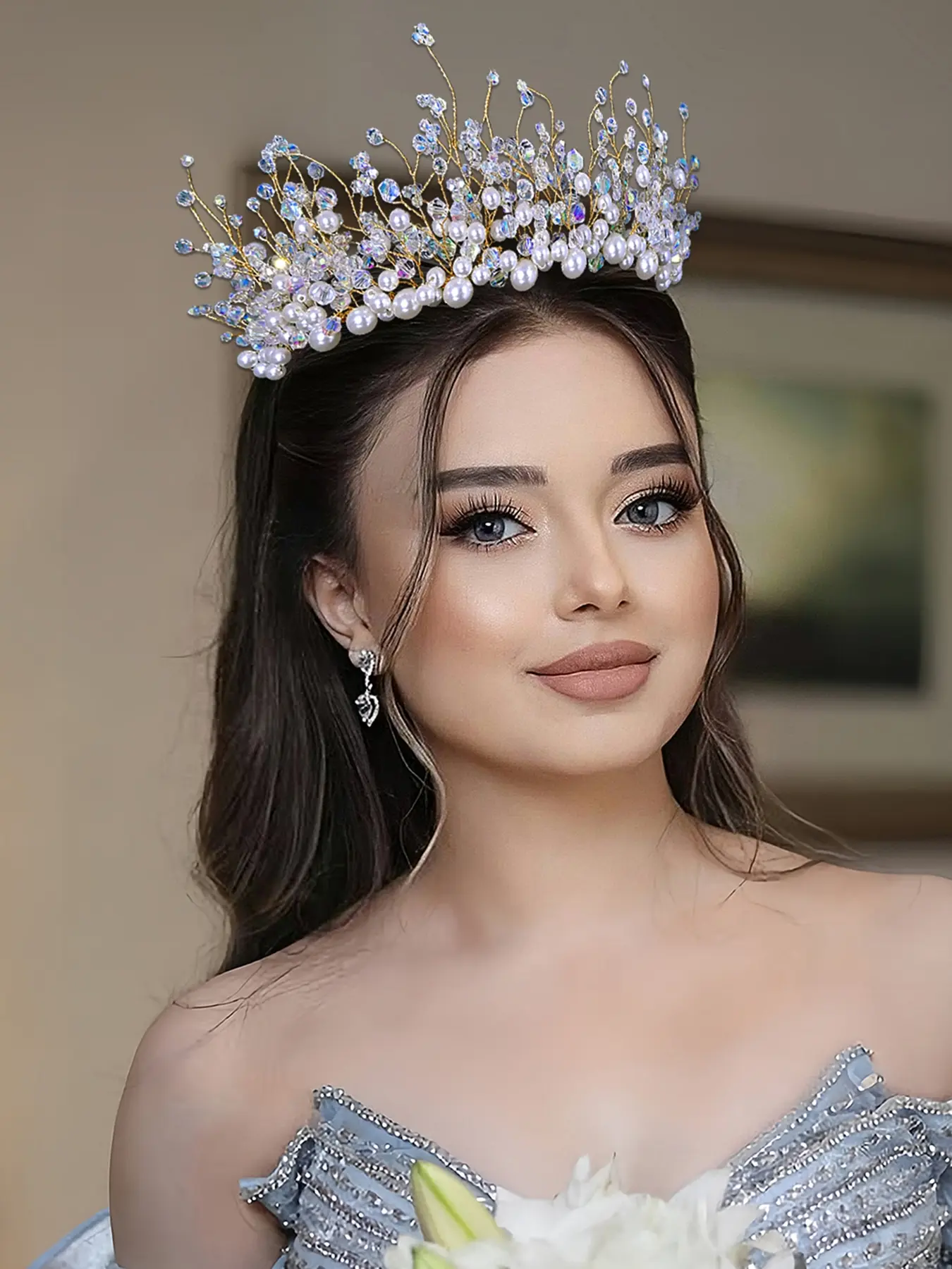 Elegant Bride Crown Tiara  with Artificial Pearls, Women's Party Wedding Headband, All Season Fashion Accessory