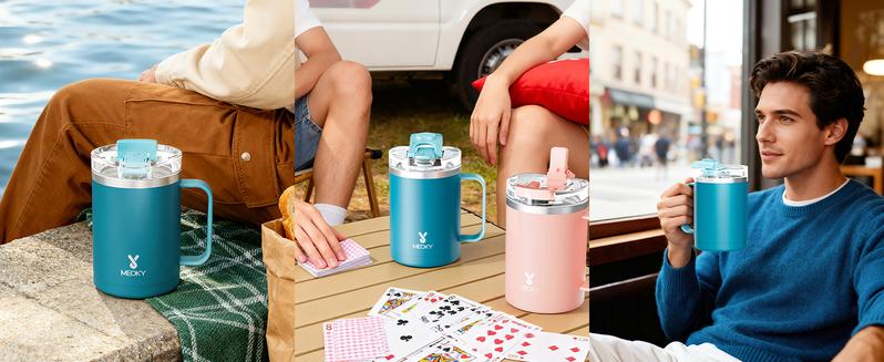 Meoky 14oz Insulated Coffee Mug:Stainless steel body with Tritan lid, double-walled vacuum cup,hot water mug suitable for indoor and office use,Valentine's Day gift.