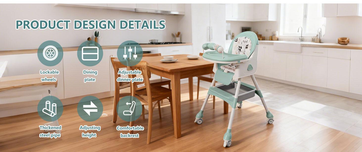 3-in-1 Baby High Chair, Adjustable Foldable High Chair for Babies & Toddlers, Convertible Infant Feeding Chair with  Footrest, PU Seat Cushion & Double Removable Tray, Portable for Travel & Small Spaces double tray stability structure detachable pu cushio