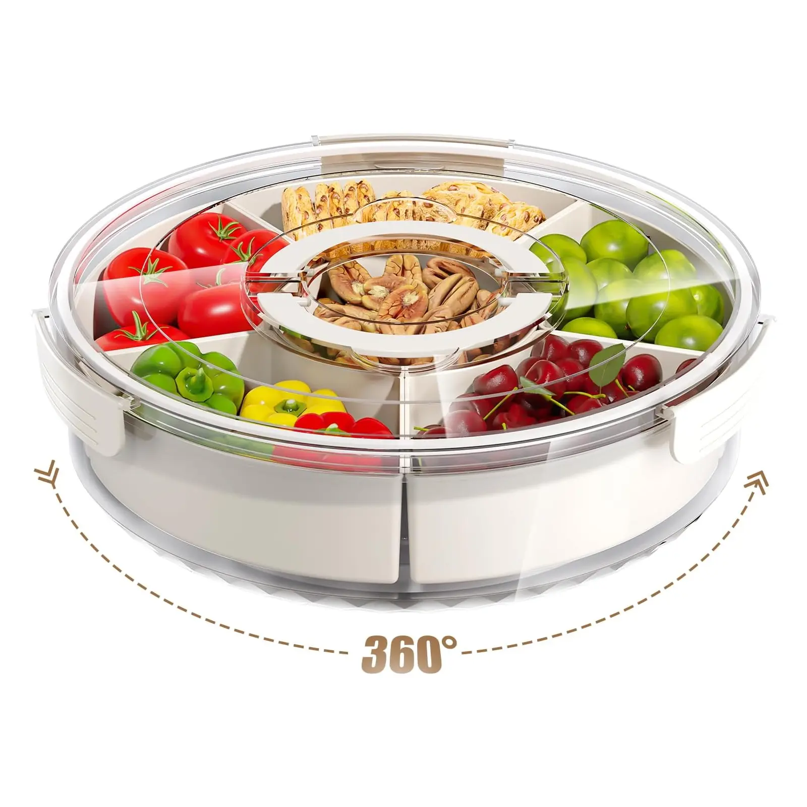 Reusable Sturdy Divided Serving Tray with Lid and Handle, Stackable Snackle Box Container, Portable Rotating Rounded Veggie Organizer for Fruits, Candy, Kitchen, Party, Picnic