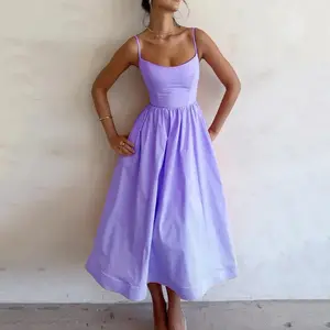 2025 Summer Spring Dress Solid Color U Collar Fitted Waist Pleated Sling Swing Dress