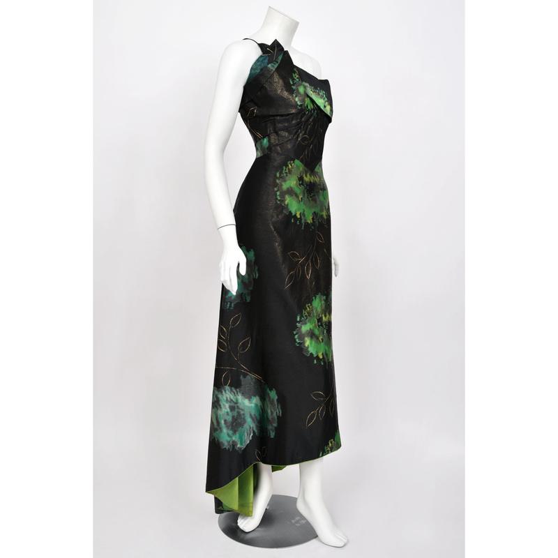 1950 Irene Lentz Couture Metallic Green & Black Floral Silk Sculpted Bustier High-Low Gown