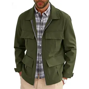 Runcati Mens Safari Jacket Military Full Zip Cargo Jacket Windproof Multi Pocket Outdoor Field Coat