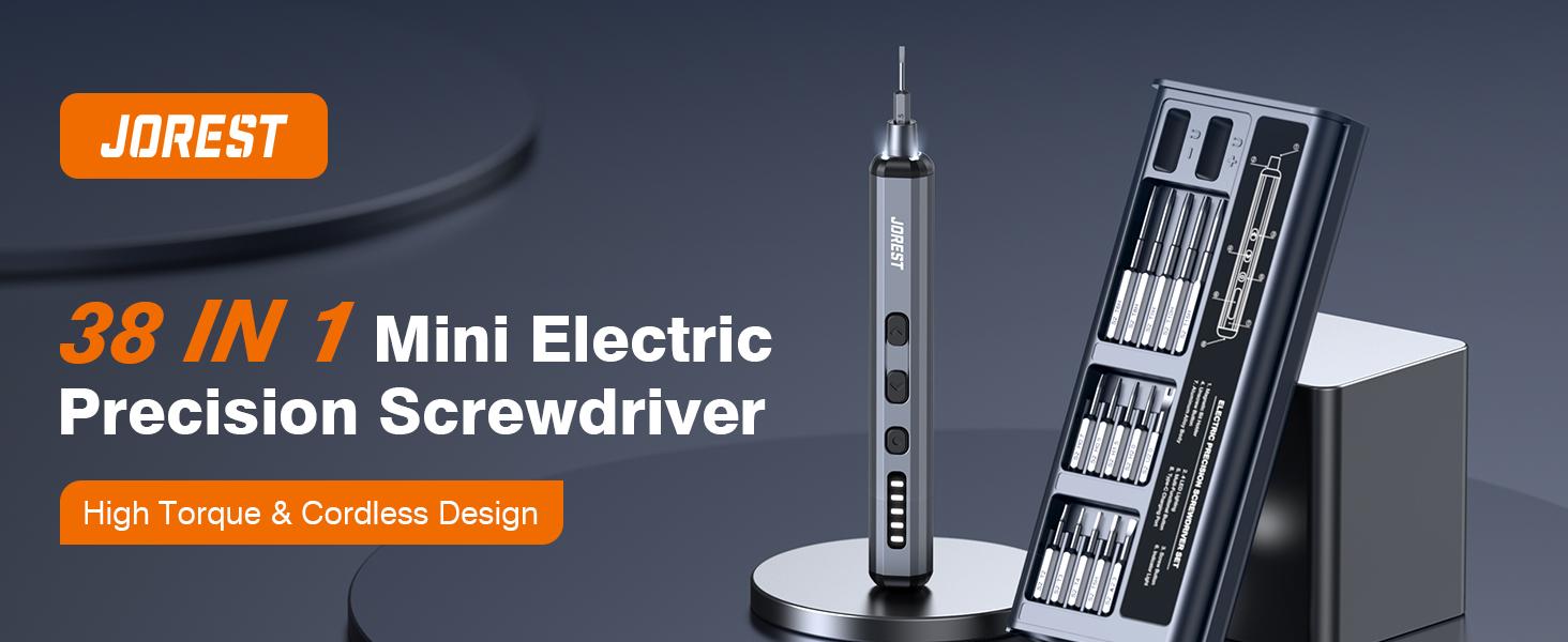 JOREST Mini Electric Screwdriver, Precision Set with 38-in-1 Magnetic Bits, 5 Torque Settings, LED Light, Repair Tool Kit for iPhones, Laptop, Drone, Game Console, Camera, Glasses, Watches, Toys