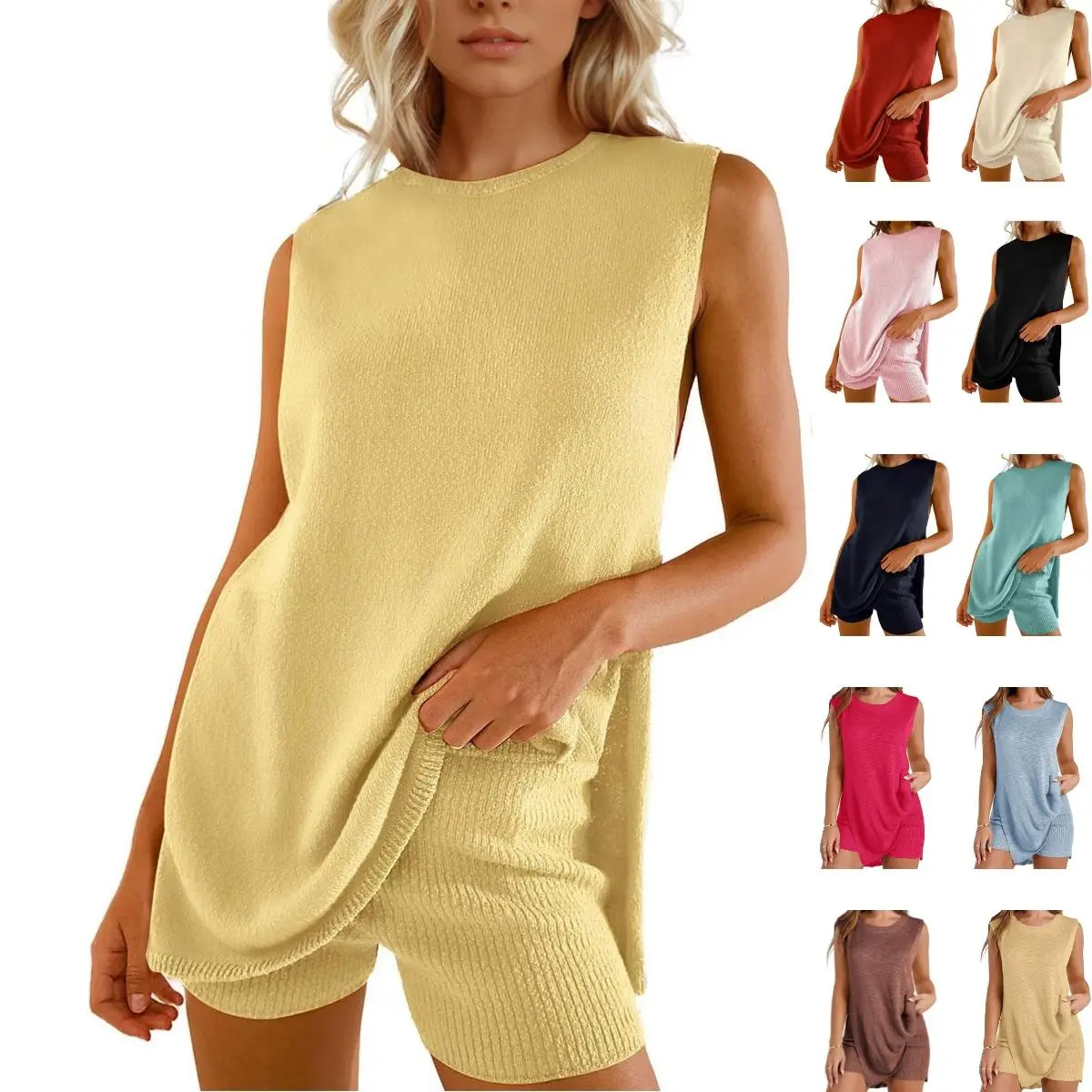 SCUSTY Women's 2 Piece Outfits Summer Summervibes Knit Sweater Set Sleeveless Tunic Top Matching Shorts Trendy Beach Vacation Sets Loungesetwomen Suits Clothes Womenswear  Basic Beige