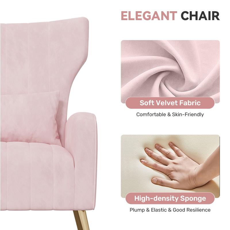 Velvet Accent Chair Wingback for Living Room, High Back Arm Chair with Golden Legs Lumbar Pillow, Upholstered Single Sofa Bedroom Beige