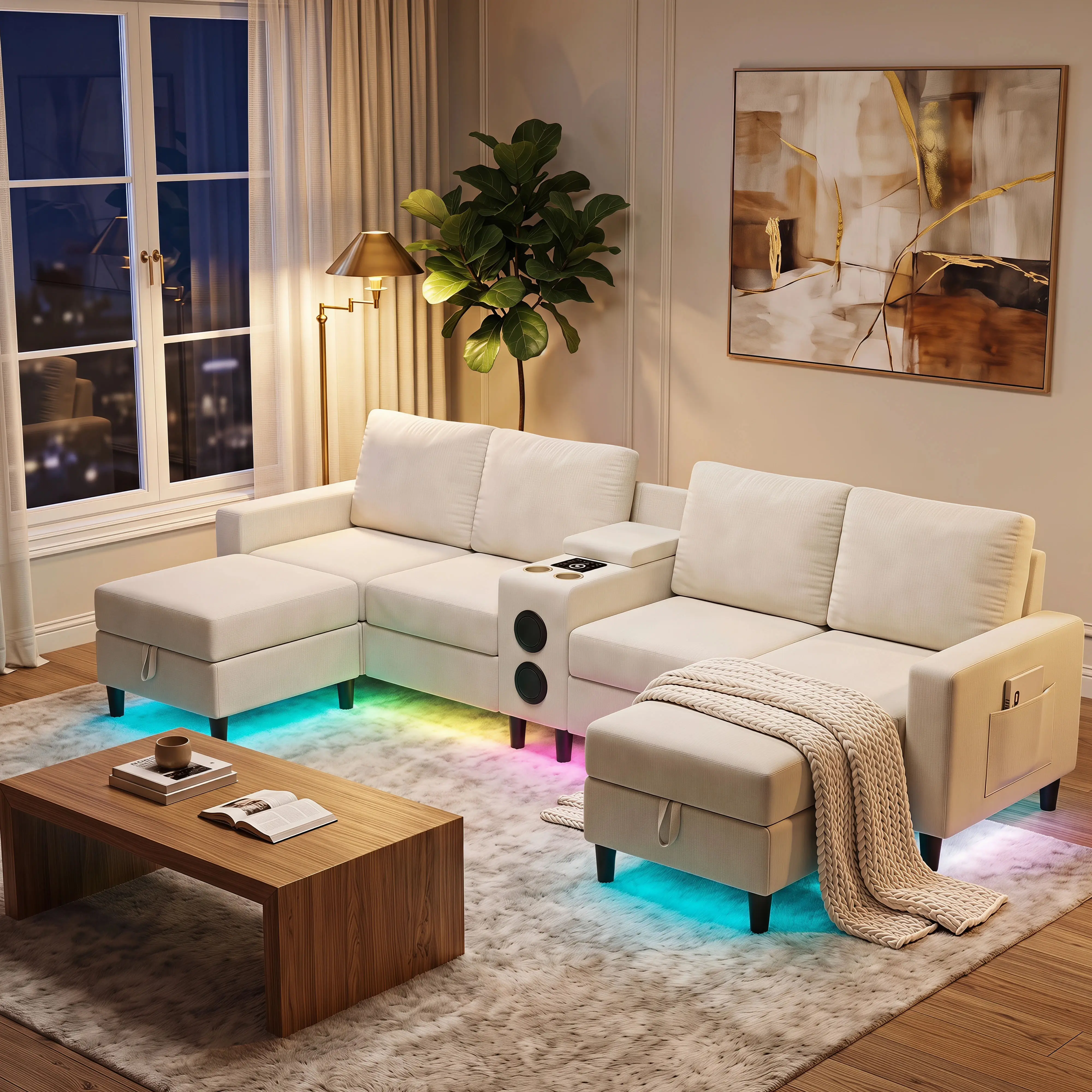 【homemakeover】120"Oversized U-Shaped Modular Sectional Sofa 6-Seater with Tea Console moderno,LED Light, Speaker & Wireless Charging, Lazy Cloud Couch, Deep Seat Chenille Fabric Sofa for Living Room,Cream Beige & Dark Gray,Modern Stylish Comfy Lounge Sofa