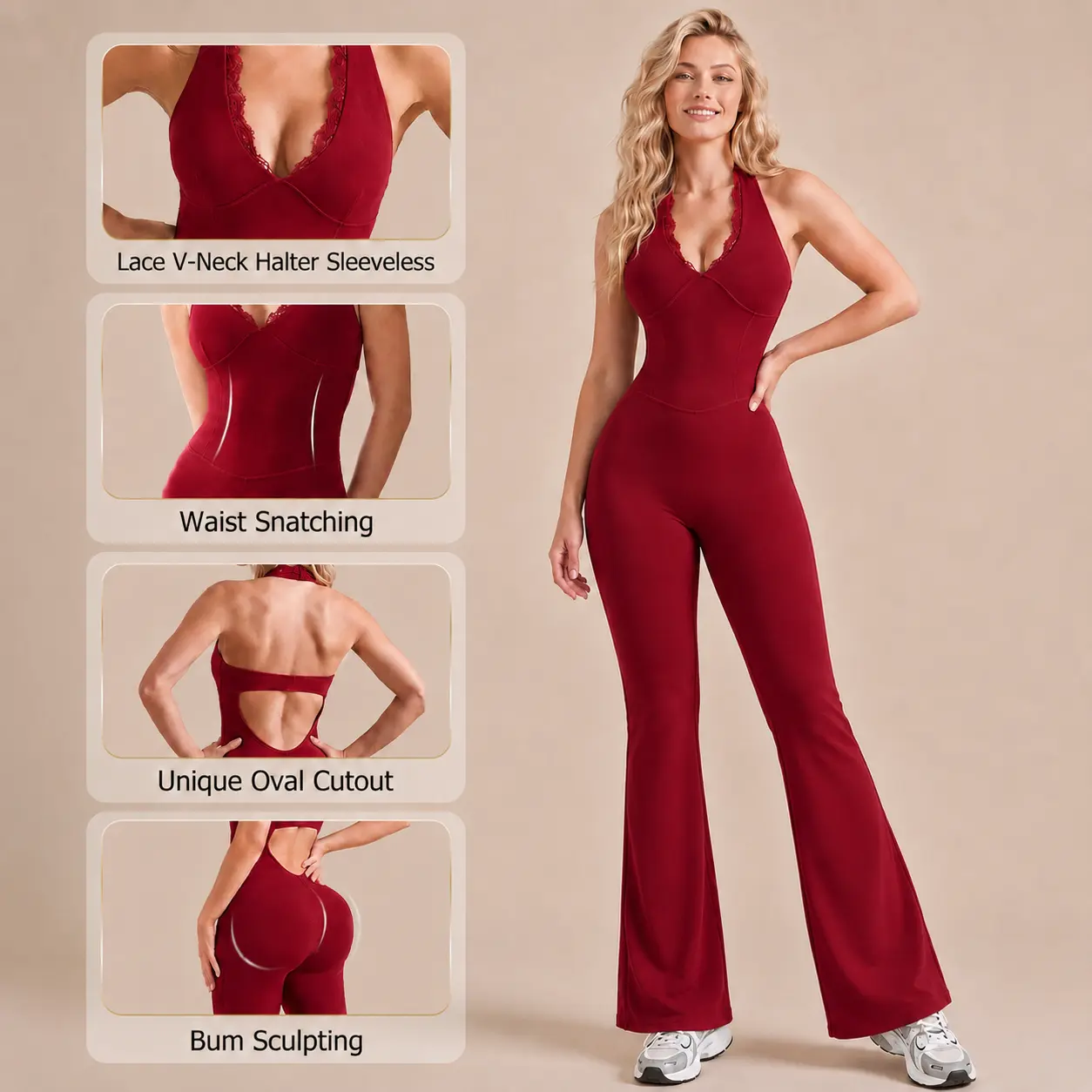 MIA PRISTINE Women's Backless Halter Jumpsuit Seamless Lace V-Neck Soft Stretch Moisture-Wicking Flared Bell Bottom Yoga Gym Outdoor All Seasons