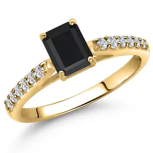 Gem Stone King 10K Yellow Gold Black Onyx and Lab Grown Diamond Engagement Ring For Women | 0.74 Cttw | Octagon 6X4MM | Gemstone December Birthstone