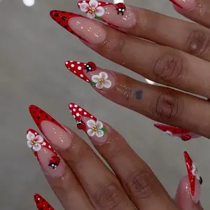 J59 Nailed by Vibe -Red Ladybug Polka Dot Press-On Nails, Nude Base with Bright Red French Tips, 3D Flower and Cute Ladybug Charm Design, Playful Summer Handmade Nail Set, Handmade Statement Set, Gift for Her