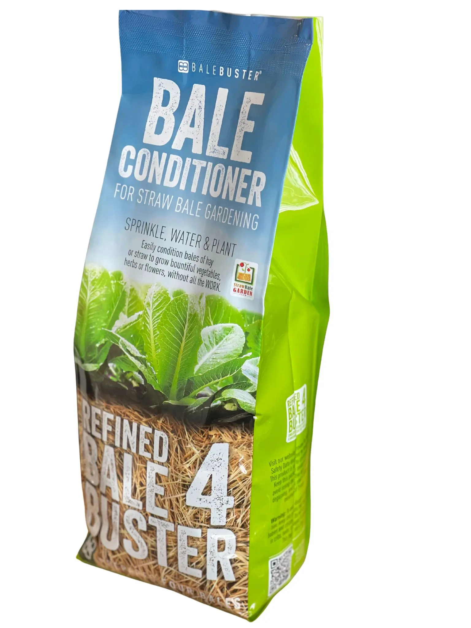 BaleBuster4 - Four Bale Package prepares 4 Bales, sprinkle it on, water it in, wait about ten days and plant directly into the bales. BaleBuster turns the inside of a bale into soil perfect for plant growth without weeds, bending or heavy work.