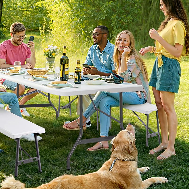 SUPERDEAL 6FT Picnic Table with 2 Benches, 3-Piece Camping Table Chair Set W/Handle & Safety Locks, Folding Furniture for Indoor Outdoor Activities Multipurpose, White
