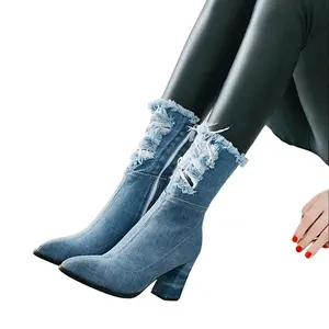 Denim Ankle Boots for Women Pointed Toe Chunky High Heel Jeans Denim Blue Short Mid Calf Booties with Side Zipper