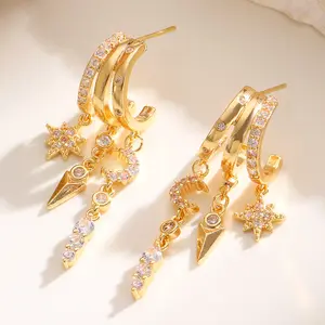 14K Elegant Hypoallergenic Small Triple Huggie Hoop Earring Gothic Cute Cross Moon Star Drop Earrings For Women Trendy Gold Statement Stud Earring Jewelry Valentine’s gift