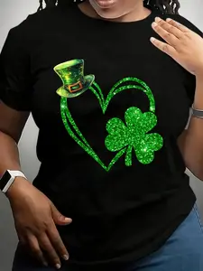 Cotton WomenS Green St PatrickS Day TShirt Short Sleeves Round Neck Shiny Heart And Clover Design Little Gnome Hat Symbolizing Luck And Celebration Suitable for Parties Festivals And Casual Wear