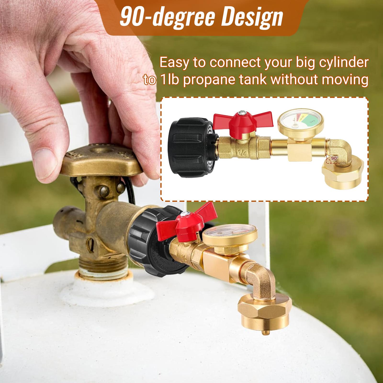 Propane Refill Adapter for 1 LB. Tanks with Luminous Gauge, Refillable Propane Cylinder 1 LB, 5-40 LB Tank Filling, 90-Degree Elbow, Metal Hardware for Industrial Use