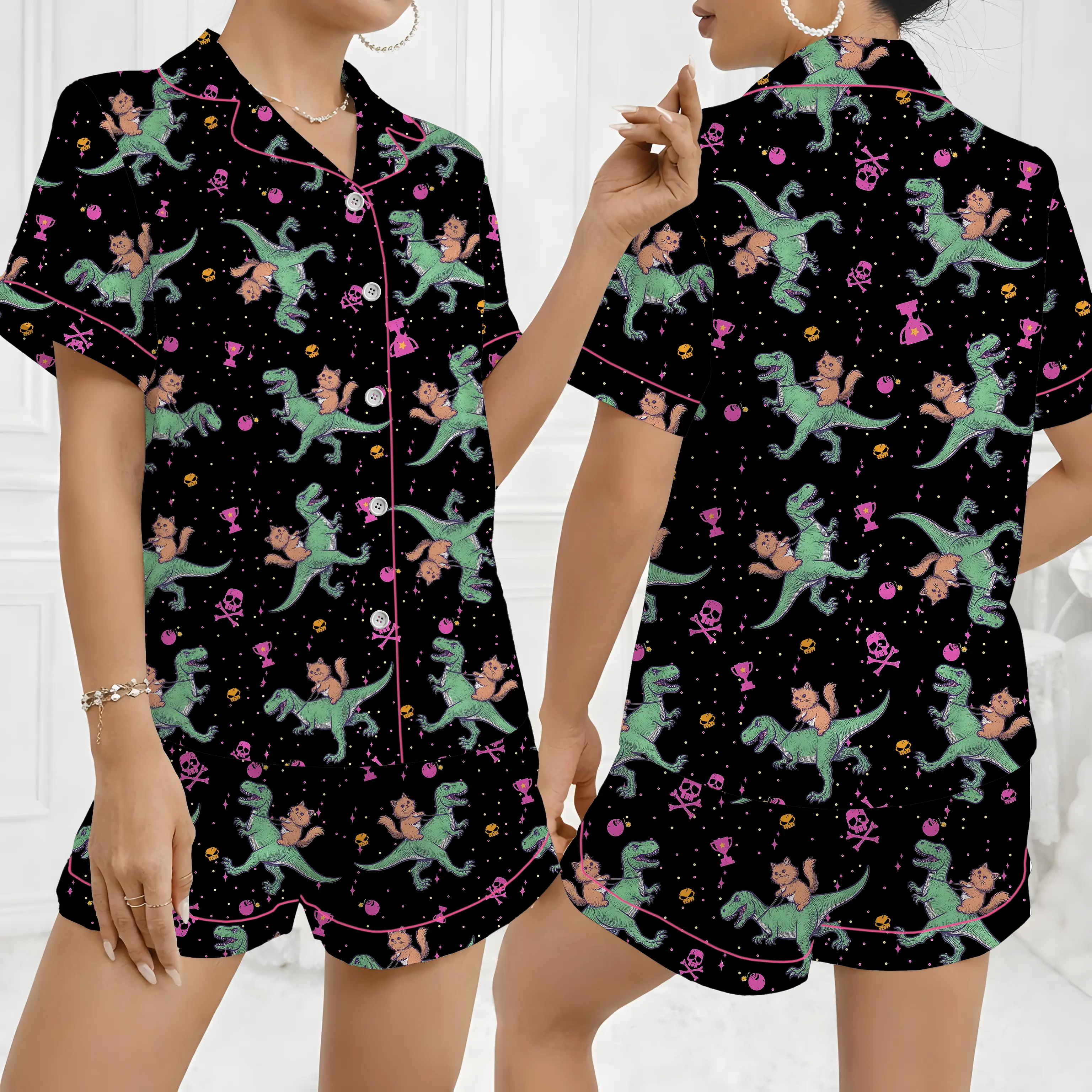Princess Donut & Mongo Pajamas Set, Dungeon Crawler Carl Long Sleeve Pajamas, Funny Cat Dinosaur Sleepwear, Cozy Gamer Gift