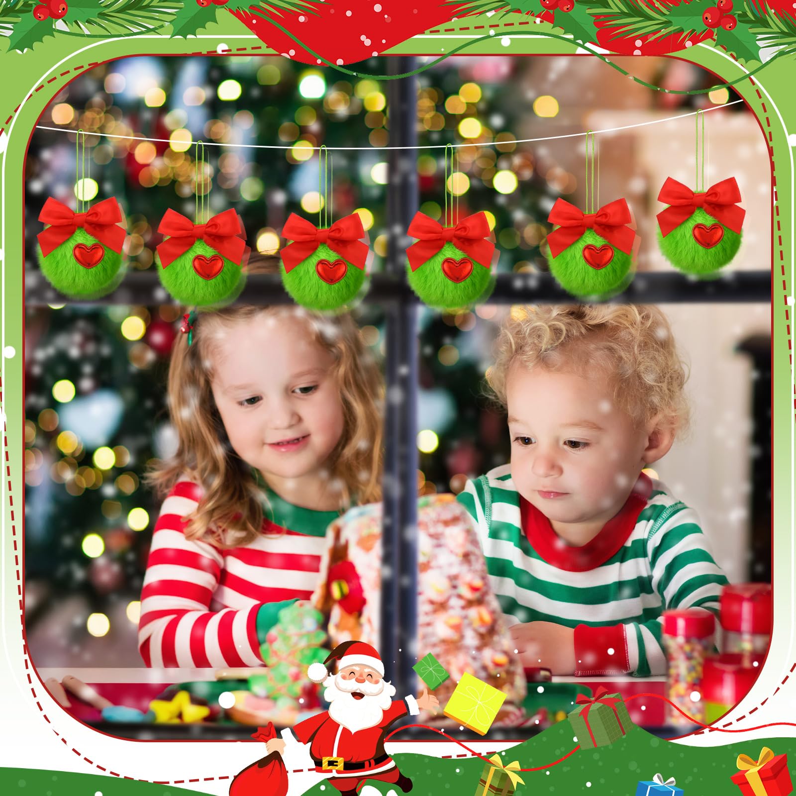 Christmas Clearance Sale Christmas Ornaments 12 Pcs Lime Green Furry Christmas Balls with Bows or Red Heart Cute Green Monster Christmas Decorations Hanging Ornaments for Xmas Tree Holiday Party Home Wall Christmas Decor Christmas White Elephant Gifts