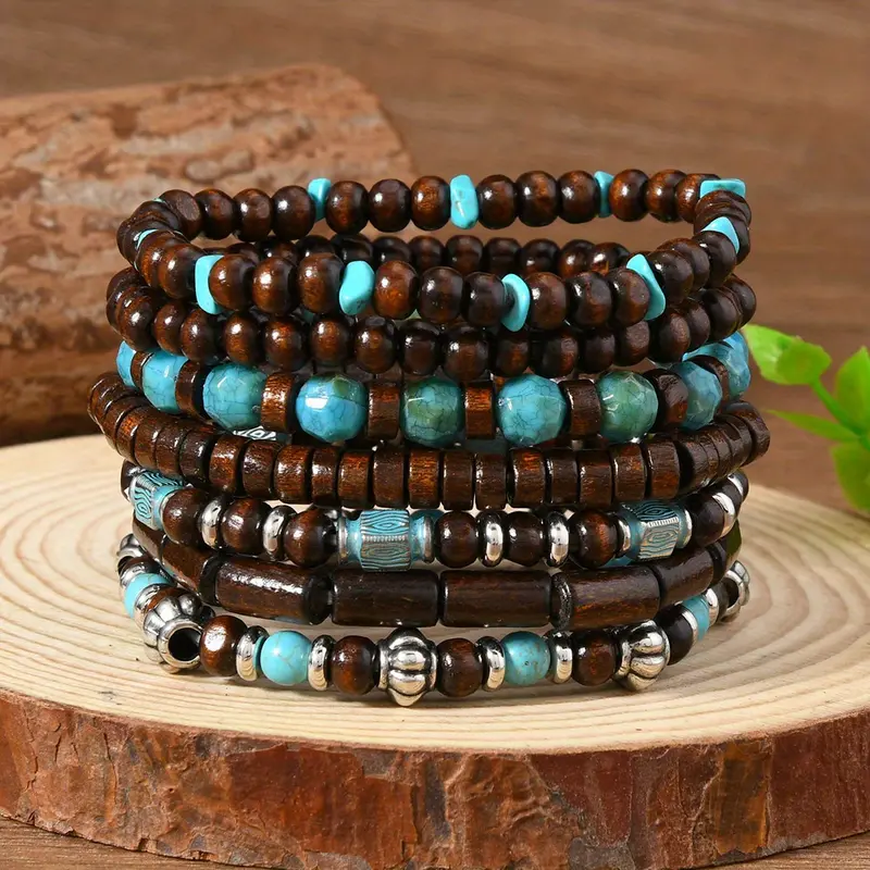 7Pcs Bohemian Retro Unisex Bracelet Set | Handmade Coconut Shell & Wood Beads with Turquoise Accents | Perfect for Daily Wear & Gift 7Pcs Bohemian Retro Unisex Bracelet Set | Handmade Coconut Shell & Wood Beads with Turquoise Accents | Perfect for Daily Wear & Gift