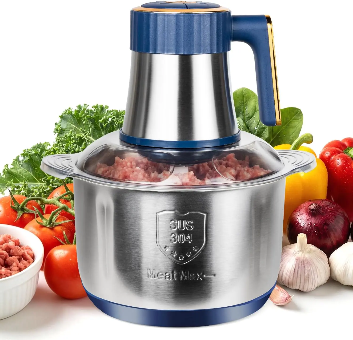 Meat Max 20 Cups Large Capacity Food Processor,5 Speed Electric Meat Grinder Chopper,500W Powerful Copper Motor 6 Bi-Level Blade Meat Processor for Vegetable, Nuts, Onion, Garlic with 304 Stainless Steel Bowl