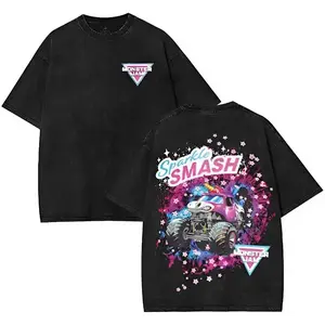 Monster Truck Sparkle Smash Monster Jam Washed T-Shirt, Cute Unicorn Graphic Tee For Summer, Monster Jam Style Tee for Fans, Racing Shirt For Fans, Pink Glitter Racing Shirt, Gift For Men, For Women Fabric, Streetwear Style