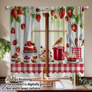 2pcs 2D Flat Printed "Red Dining Table Decor, Strawberry Pattern, Warm and Cozy, Machine Washable and Easy to Care for, Suitable for Kitchen, Dining Room, Farmhouse, Polyester Fiber Material, Small Window Curtains