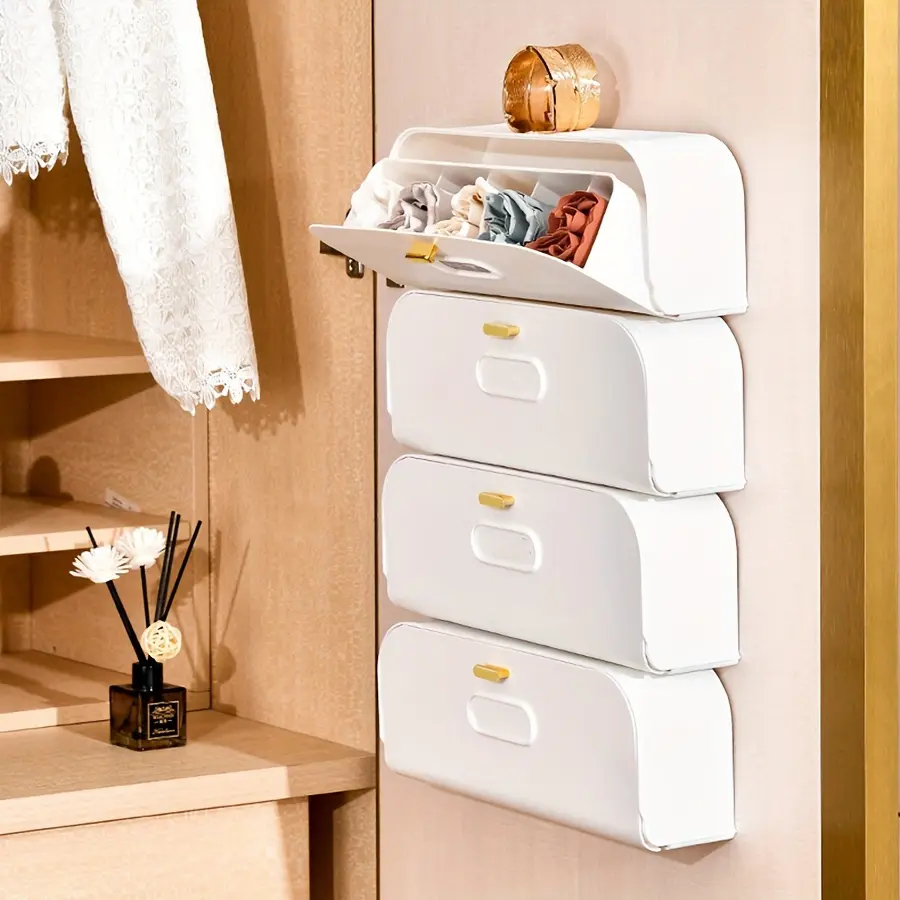 Wall-Mounted Bra and Socks Drawer Organizer, Lightweight Plastic Storage Box, Lingerie and Accessories Divider for Closet Essentials, Adjustable Lid Organizer, Closet Organizers